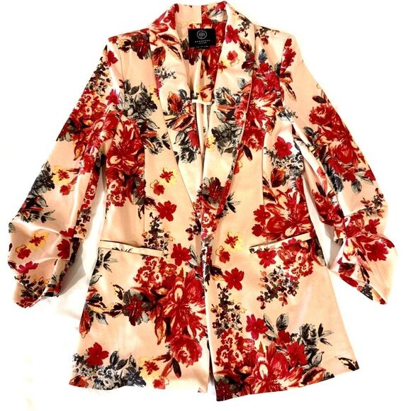 BoomBoom Floral Blazer Pink Red Navy Ruched 3/4 Sleeve Open Front Size Small - Picture 3 of 9